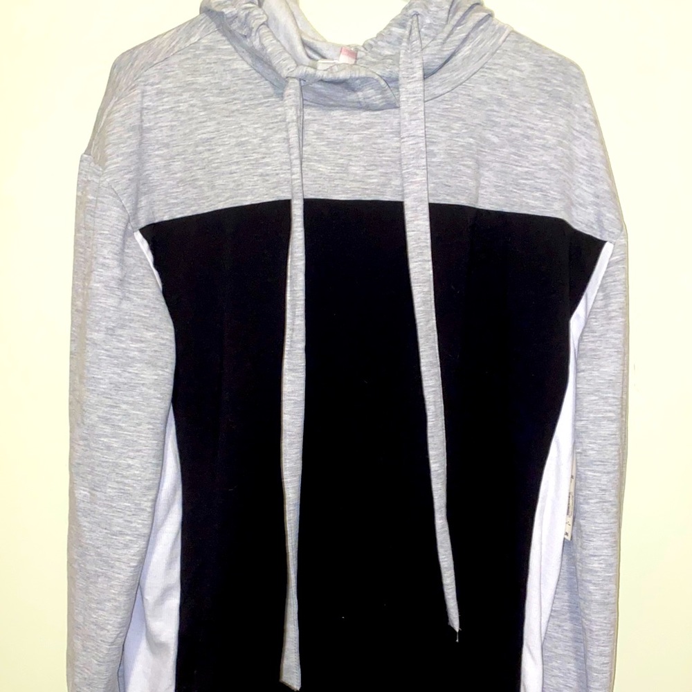 Black, grey, and white hoodie